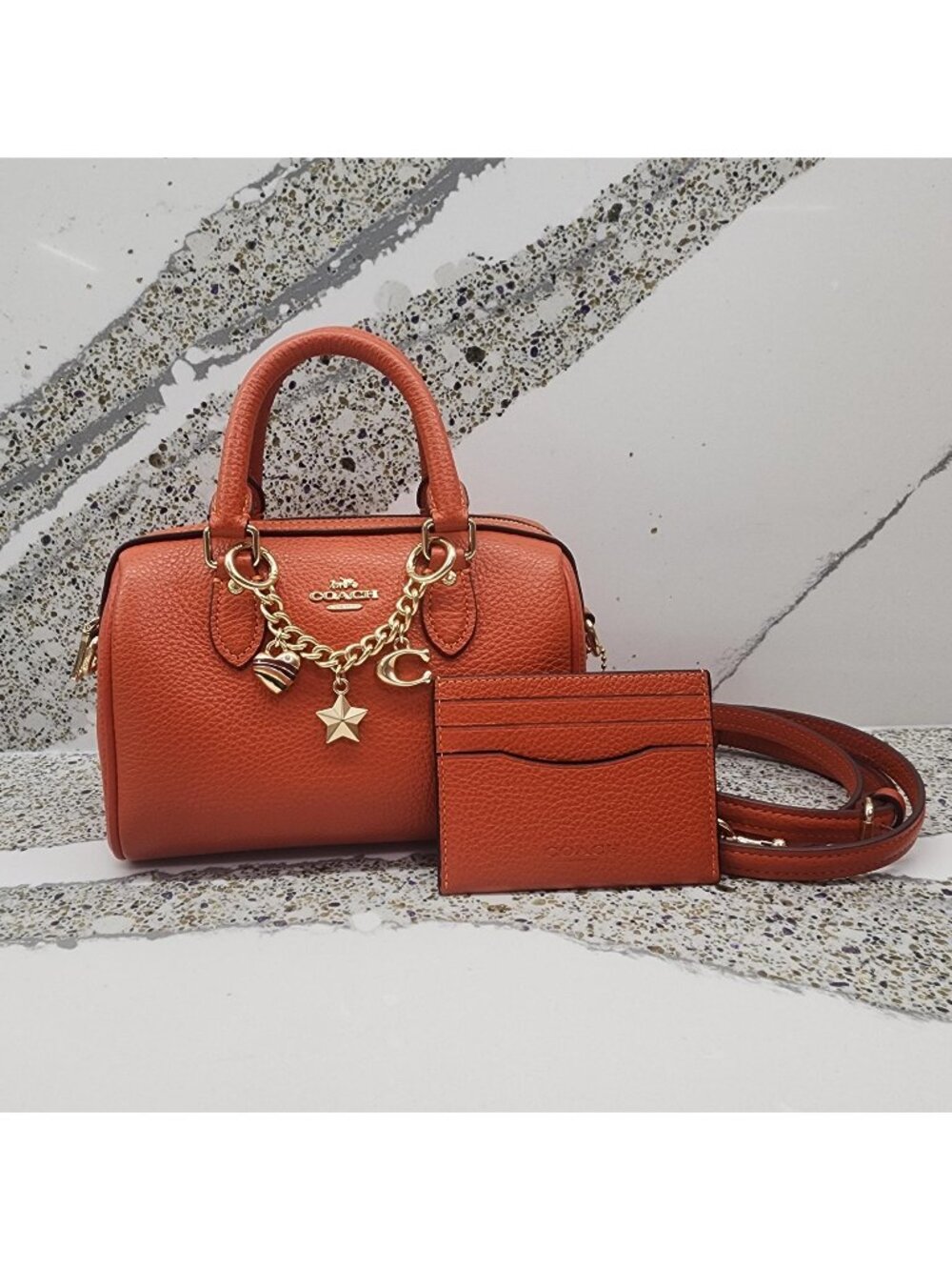 COACH Mini Rowan Crossbody Bag with Charms & Slim ID Card Case in Mango